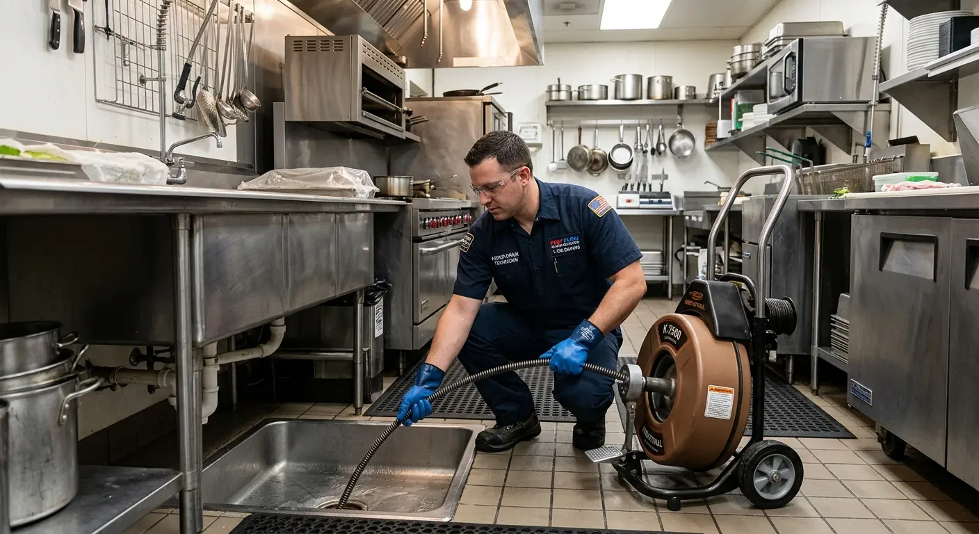 Commercial drain cleaning service in a restaurant kitchen in New London