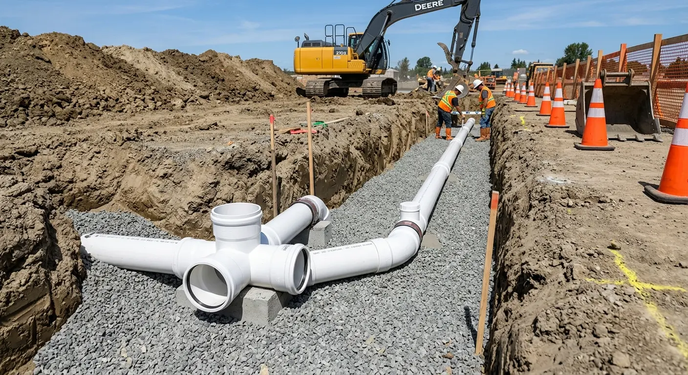 New PVC sewer pipe installation in open trench for Sewer Backup in New London