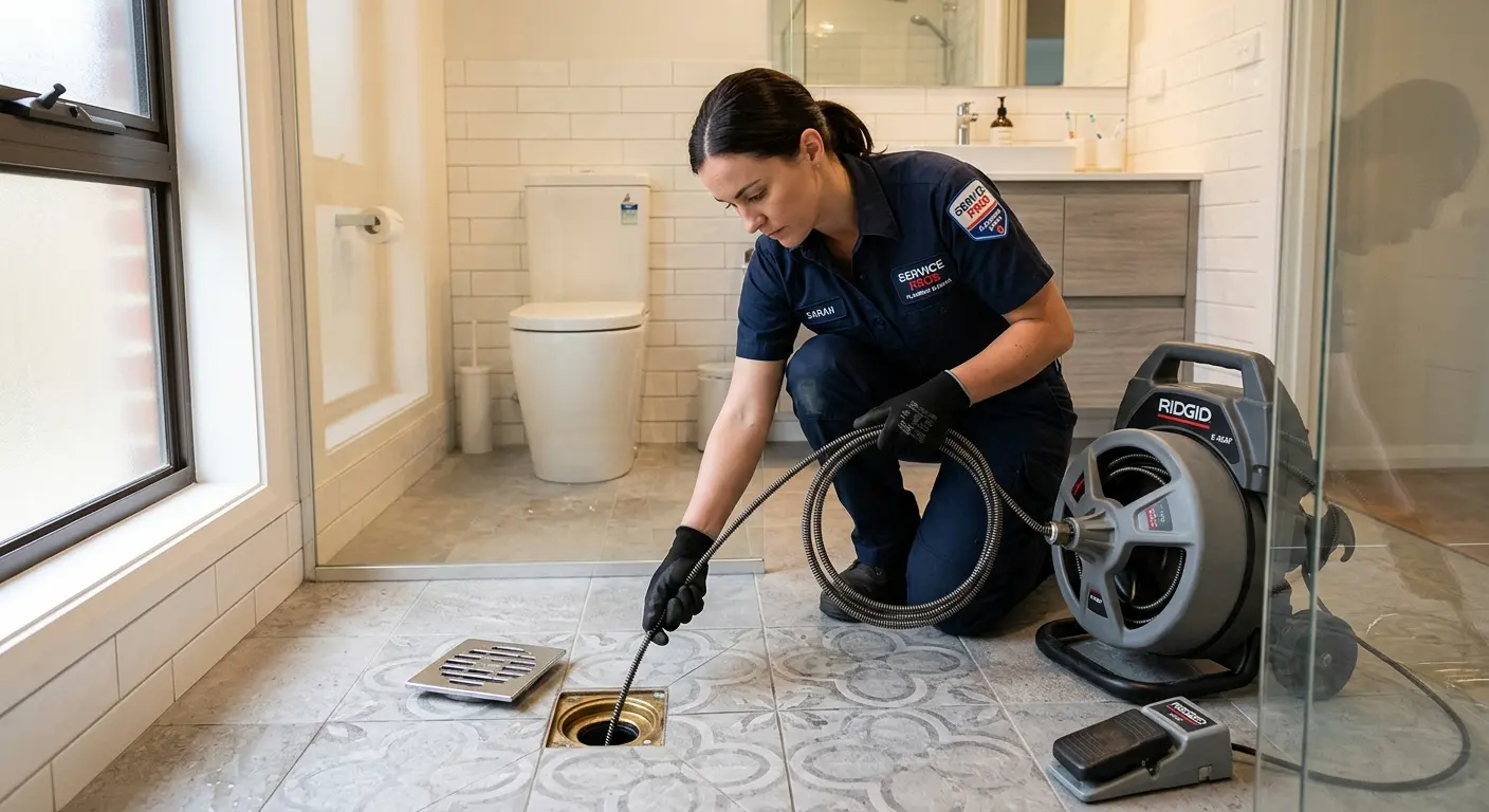 Technician clearing a bathroom floor drain for Drain Cleaning in New London